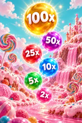 Sweet Bonanza bonus turunda üzerinde çarpan yazan renkli küreler