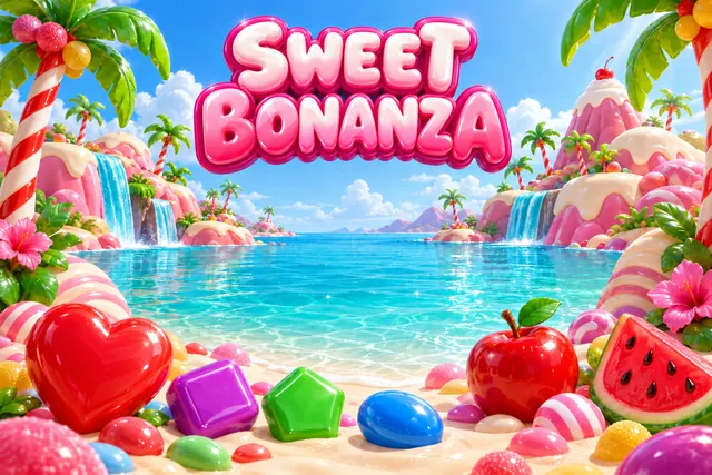Turkuaz bir koyun kıyısında Sweet Bonanza yazısı, şeker ve meyve sembolleri
